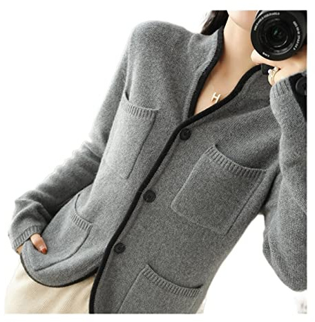 VATIVA Pull 100 % cachemire pour femmes, automne/hiver, col montant, cardigan décontracté en tricot (couleur : gris, taille : M)