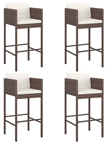vidaXL Barhocker mit Kissen 4 STK., Barstuhl mit Stahlrahmen, Tresenhocker für Garten Terrasse, Küchenhocker Hocker, Braun Poly Rattan