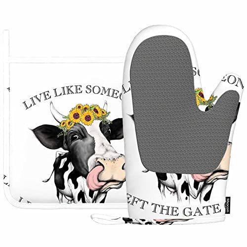 Mxocom Live Like Someone Left The Gate Open Heat-Resistant Oven Mitts and Pot Holder Black White Optimism Milk Cow Sunflower Kitchen Non-Slip Cooking Microwave Gloves for Cooking Baking Grilling