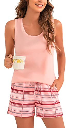 Bresdk Pyjama Femme Court en Coton 2 Pièces Haut Col V Short à Carreaux | Ensemble loungewear d'été doux et respirant en coton. Short à carreaux imprimé avec ceinture élastique, cordon et 2 poches