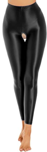 TiaoBug Damen ÖL Glanz Strumpfhose Offener Schritt Pantyhose Sport Yoga Hose Stretch Leggings Workout Training Tights Nylon Stockings