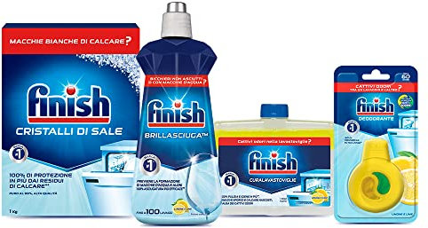 Finish Kit Additivi Lavastoviglie, 1 Confezione Brillantante Lemon 500ml, 1 Confezione Curalavastoviglie lemon 250ml, 1 Confezione Cristalli Di Sale 1 kg, 1 Confezione Deodorante