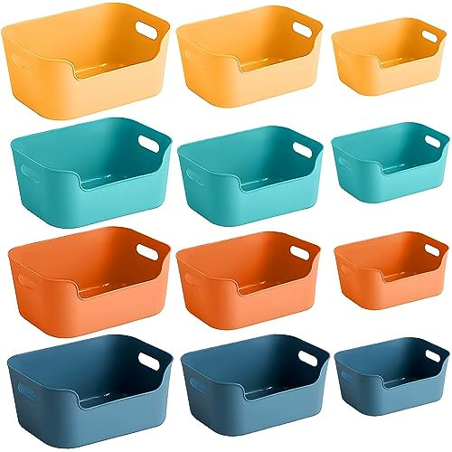 NCKIHRKK Panier de Rangement, Lot de 12 Boite de Rangement en Plastique Empilables - Organiseur Panier Rangement avec Poignées pour Cuisine, Salle de Bain, Placard, Étagère Douche, Jouet Bebe