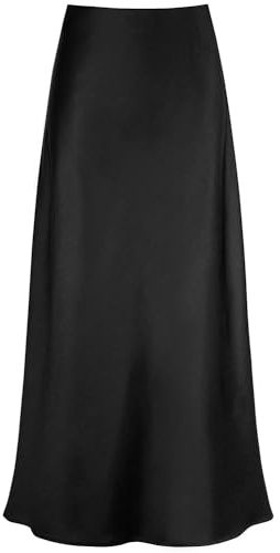 Outoshe Damen-Maxirock aus Satin, hohe Taille, versteckter elastischer Bund, A-Linie, Langer Rock, Schwarz, X-Groß
