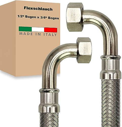 Flexschlauch ÜM-BOGEN x ÜM-BOGEN Edelstahl Panzerschlauch Anschlußschlauch Sanitär Armaturenschlauch Hauswasserwerk Made in Italy (1/2 x 3/4 - 300 mm)
