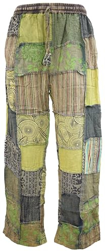 Gheri Mens Patchwork Fleece Lined Winter Boho Print Cotton Trousers Green Tone Large