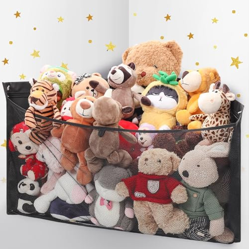 ANROYE Große Eck-Plüschtier-Aufbewahrung, Kinder-Plüsch-Spielzeug, schwarze Wandhängematte für Mädchenzimmer, Baby-Squishmallow-Halter für Kinderzimmer, Organizer-Idee für Bären, Hängedekoration,