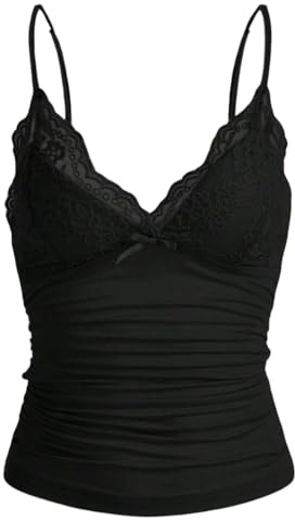 Naileksi Women Y2k Lace Trim Cami Top Spaghetti Strap Fairy Grunge Tank Top V Neck Ruched Bow Lace Patchwork Cami Shirt Black