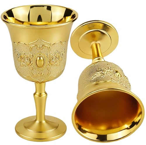 Mini copa dorada, 2 vasos de chupito metálicos de 25 ml, cáliz de estilo medieval para whisky, licor y altar, elegante decoración de boda y Navidad (1.5 x 2.7 pulgadas)