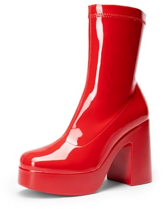 DREAM PAIRS Stivaletti da donna con plateau grosso, tacco alto, punta quadrata, leggeri, comodi, per feste, stivaletti da donna, Rosso-pat, 38.5 EU