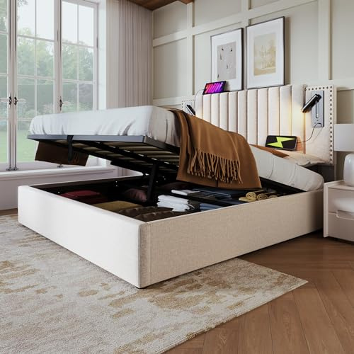 Dolamaní Modern Doppelbett 180x200 cm, Boxspringbett mit Stauraum Bettkasten,Lattenrost, Funktionsbett mit Kopfteil Höhen-verstellbar & Rückenlehne-Nietendesign,Ohne Matratze, Beige