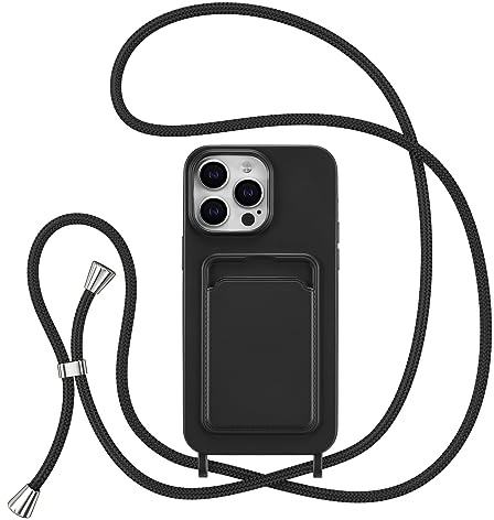 ZTOFERA Crossbody Lanyard Case for iPhone 13 Pro (6.1) with Card Holder, Soft Liquid Silicone Phone Case with Strap Adjustable Neck Cord Necklace Shockproof Protective Cover - Black