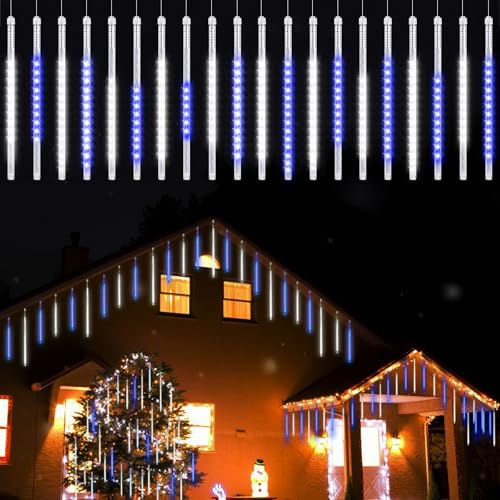 Vikdio Luci di Natale all'aperto, Pioggia di Meteoriti Luminosi 20 Tubi Spiralati (30cm 600 LEDs) Lunghezza di 6,65m, Luci ghiacciolo impermeabili per Decorazioni natalizie all'aperto, Bianco-blu