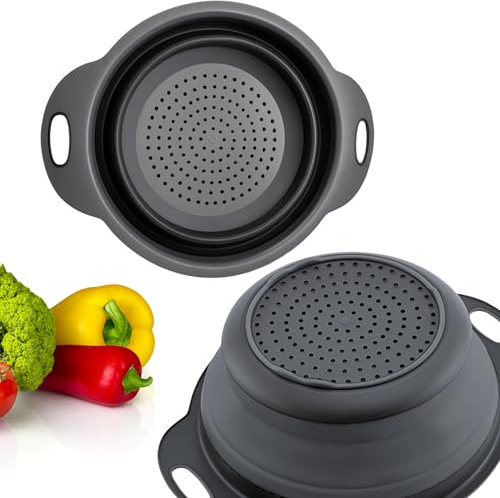 Black Round Silicone Collapsible Colander – Silicone Round Small Kitchen Strainers with Plastic Handles Foldable Kitchen Strainer Perfect for Draining Pasta Vegetable and Fruit