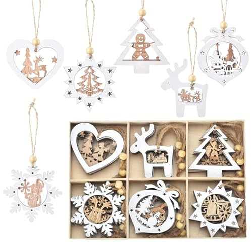 HERZONE 24pcs Holzanhänger Weihnachten Weihnachtsbaum Weiß Holz Anhänger Weihnachten Weihnachtsanhang Holz für Weihnachtsbaum DIY Anhänger Dekoration (C)