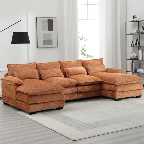 LIFEISLE 110'' U-Shaped Sectional Couch, Modern Chenille Extra Large Modular Sofa with 4 Cushions, Memory Foam Funiture Set with Double Lounger for Living Room, Office, Reception Room, Orange