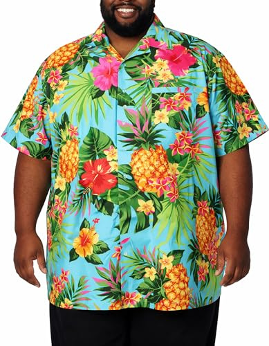 King Kameha Camicia Hawaiana Uomo Maniche Corte – Camicia Uomo Estiva con Stampa Ananas, Camicie Hawaiane da Spiaggia Leggera e Facile da Lavare - Pineapple, Turchese, 7XL