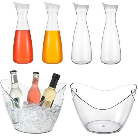 Funnymoom 6 Pcs Acrylic Ice Bucket for Parties 4l Oval Beverage Tub 47 oz Plastic Water Carafes with Lids Plastic Pitcher for Champagne Beer Wine Cocktail Iced Tea Pool Party