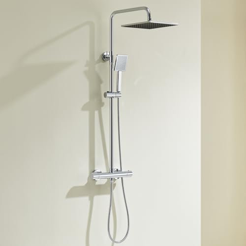 Auralum Colonna Doccia Kit con Rubinetto Termostatico Antiscottatura, Cromo Miscelatore Doccia Set con Soffione 25x25cm, Doccetta, Asta Doccia in Acciaio Inox e Tubo Doccia