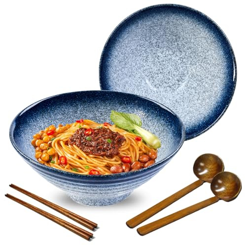 Ramen Schüssel Keramik Set, 2× 950ml Japanisches Geschirr mit Essstäbchen und Löffel, Premium Großer Pastaschüsseln, Suppenschalen, Salatschüsseln für Pho Ramen