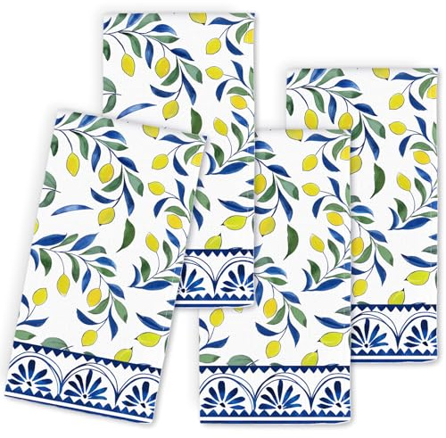 FYSUIMU 4 Pcs Lemon Cloth Napkin Yellow Mediterranean Lemon with Blue Leaves Dinner Napkin Reusable Kitchen Top Collection for Spring Summer Dining Table, 18 x 18 Inch