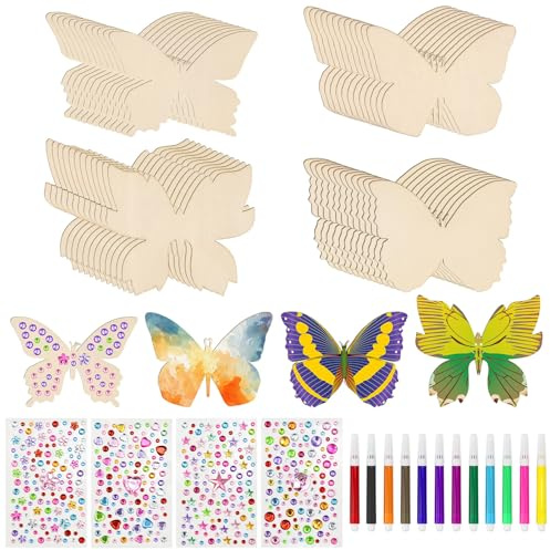 ZACUDA 48 PCS Mariposas de Madera Inacabadas con 12 Lápices de Acuarela y 4 Pegatinas Autoadhesivas de Piedras Preciosas Juego de Manualidades de Mariposas Mariposas Rodajas Madera para DIY Pintar