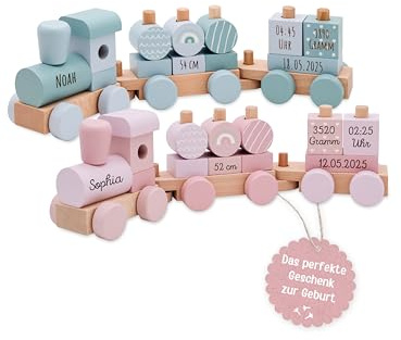 wunderwunsch smallfoot personalisierter Geburtstagszug, Motorikspielzeug, Geschenk Geburt, Personalisierter Zug, Babygeschenk, Holzeisenbahn, Taufgeschenk, individualisiert (rosa)