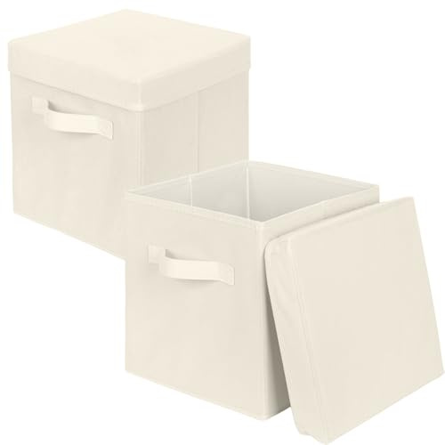 powerking Scatola di stoccaggio Bins, 2 pacchetto pieghevole tessuto stoccaggio cubo con coperchio, vestiti organizzatore cassetto per armadio e giocattoli stoccaggio, 27x27x28cm,Beige