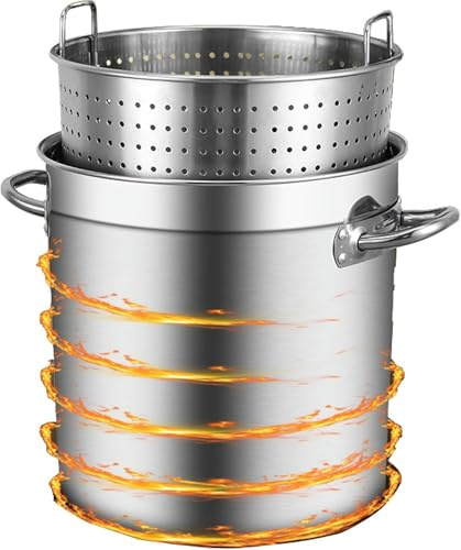 Marmite à écrevisses en Acier Inoxydable Robuste - Marmite à Fruits de mer 35 x 35 cm avec Panier-Filtre - Friteuse à Dinde Polyvalente pour la Cuisine à la Maison et en extérieur - Argent