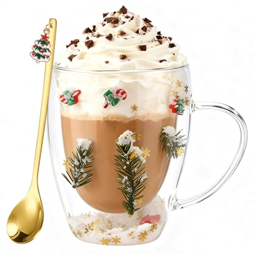 Qunkun Weihnachtsglastasse, 350 ml Kreativ Klar Gläser, Glasbecher mit Muster, Doppelwandige Gläser, Weihnachten Party, Kreative Weihnachtsgeschenke für Kinder (Zuckerstange)