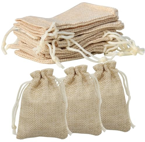 SARAHLOUISEJENKINSLTD jutesäckar, 100 st jutepåsar med dragsko, 9 x 7 cm små presentpåsar, linneväskor, liten jutesäck natur för smycken gör-det-själv hantverk