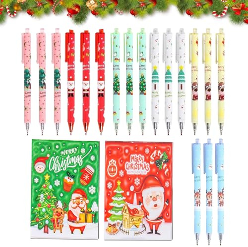 Penne a Sfera Natale,Varietà Di Penne a Sfera Natale,18 Penna Gel Inchiostro di Natale,2 Mini Quaderni di Natale Portatili,Penne Natalizie Retrattili,Pupazzo di Neve Renna Babbo Natale Penne Roller