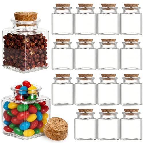 Acetiti 15 Stück 50ml Quadratisch Mini Glasflaschen mit Korken | 43mm x 60mm Kleine Glasflaschen zum Befüllen Reagenzglas mit Korken für DIY, Gewürze, Hochzeit, Party, Dekoration, Geschenke