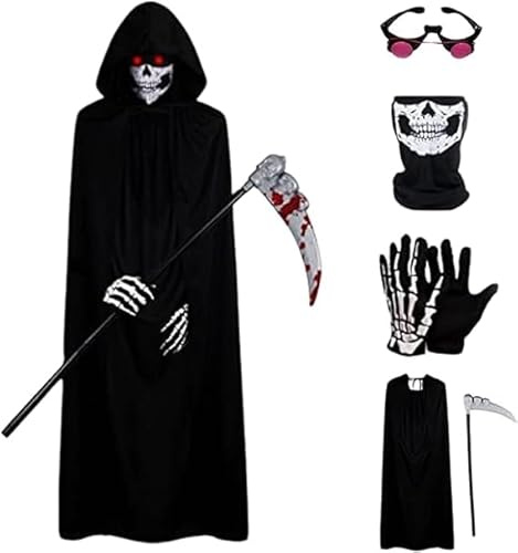 VIVIZEN Set di costumi a tema Tristo Mietitore, 5 pezzi, vestito per Halloween, per bambini e adulti, con accessori per occhi luminosi e falce, abbigliamento nero per cosplay per feste a tema horror