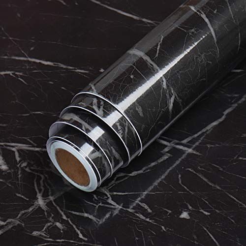 LaCheery 60cm x 400cm Möbelfolie Selbstklebend Schwarz Hochglanz Folie Arbeitsplatte Küche Marmor Vinyl Klebefolie Möbel Marmoroptik Marmor Folie Schwarz Möbelaufkleber für Fensterbank Küchenschränke