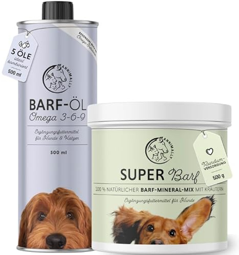 Annimally BARF-Box für Hunde mit Barf Öl 500ml & Super-BARF Pulver Mix 500g für die optimale Versorgung und ideale Ergänzung zur Rohfütterung, natürliche Nährstoffversorgung für BARF & Frischfütterung