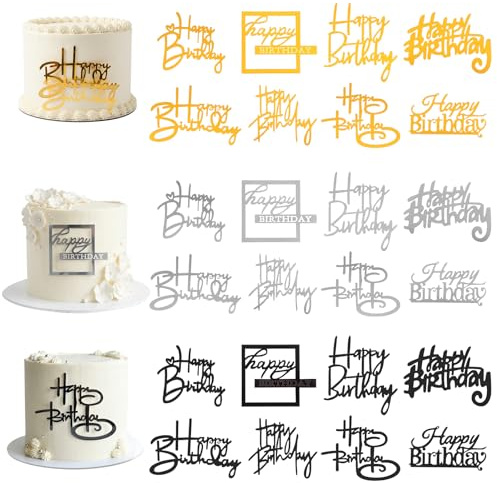 24 PCS Happy Birthday Cake Toppers, Mirror Acrylic Side Cake Decorations with 8 Styles in Gold Silver Black, Elegant Cupcake Toppers for Birthday Party Desserts Pastries DIY