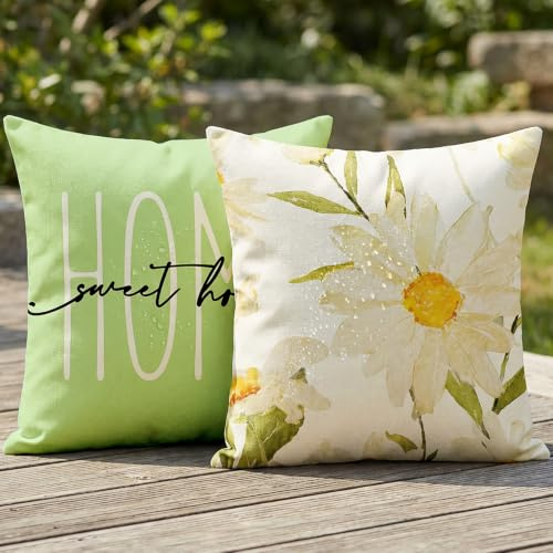 Vorysum Wasserfest Chrysanthemen-Kissenbezug 50x50 cm 2er Set mit “Home Sweet Home” Aufdruck – Grau-Grün mit weißen Blumen – Sommer Outdoor Leinen– für Garten, Balkon & Wohnzimmer
