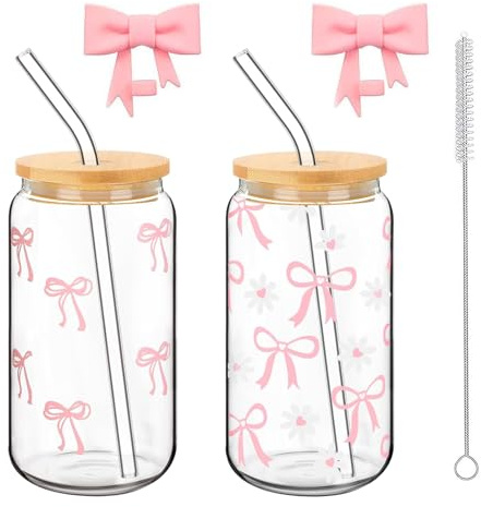 2 Pezzi di Bicchieri in Vetro, 500ml, Bicchieri a Forma di Arco in Vetro con Coperchio e Cannuccia, Bicchieri ad Arco, Bicchieri Versatili, Bicchieri con Anello e Spazzola per la Pulizia, per Caffè