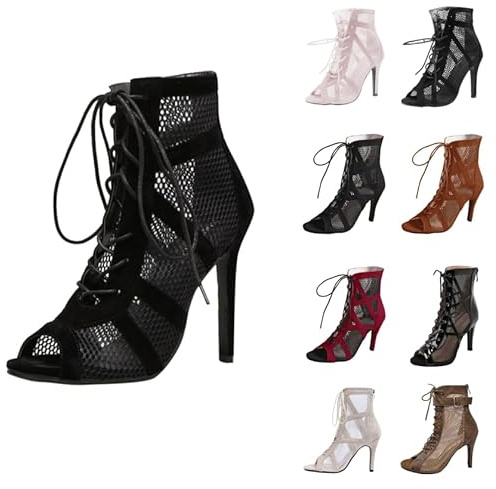 Tacones de baile para mujer, zapatos de baile con tiras de malla, elegantes sandalias de gladiador con puntera abierta, botines de tacón alto con cordones, botines sexis de aguja transpirables para