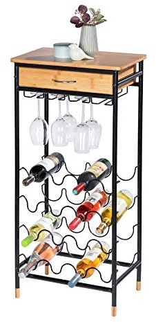 WENKO Weinregal Loft, Regal für bis zu 16 Weinflaschen mit Gläserhalter für bis zu 12 Gläser gefertigt aus naturnahmen Bambus in Kombination mit pulverbeschichtetem Metall in Schwarz, 48 x 95 x 30 cm