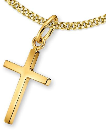 CLEVER SCHMUCK Chaîne en forme de croix en or pour enfant avec pendentif croix 15 mm simple et chaîne gourmette en argent sterling 925 dans un étui crème