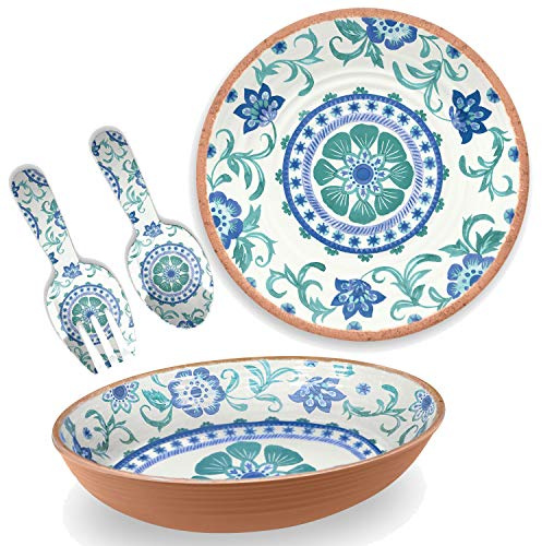 Turquoise Floral Melamine/Plastic Outdoor/BBQ/Picnic - 3 Piece - Salad Serving Set & Platter