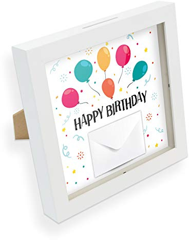 itenga Geldgeschenk I Spardose I Happy Birthday Luftballons I Gutschein I Bilderrahmen zum Befüllen I Geschenkverpackung I inkl. Einleger und Briefumschlag zum Dekorieren