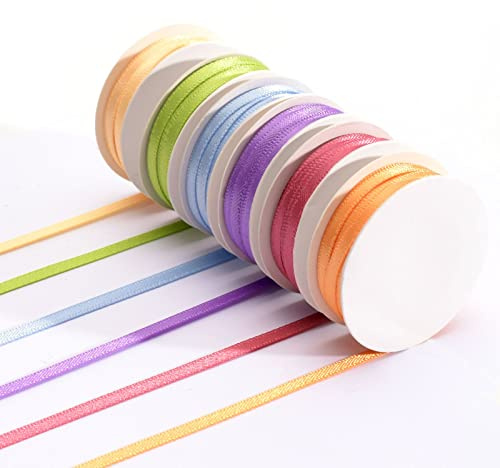 Vaessen Creative Ruban Satin - Printemps - 6 Couleurs - 2 m x 3 mm - Bolduc - Biais de Couture - pour Cadeau, Emballage, Bouquet Mariage, Cheveux et Ballon