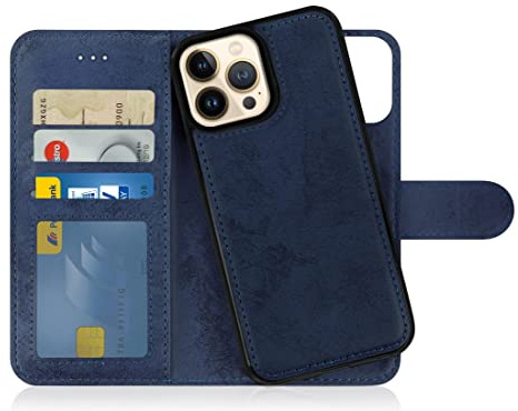 MyGadget Flip-fodral för iPhone 13 Pro Max - [avtagbart magnetfodral] - mobilfodral av konstläder - [flipfodral med kortplats] skyddsfodral i mörkblått