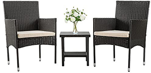 FDW | 3-Piece Patio Furniture Set | Black | Outdoor Wicker Furniture with Coffee Table | Modern Rattan Chairs Conversation Set | Outdoor Seating | Weather-Resistant | for Porch, Garden, Lawn