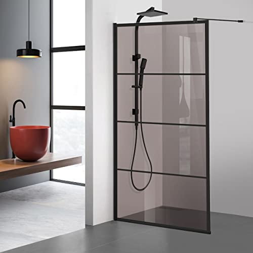 Aqua Roy Schwarz, Modell Park Schwarz, Größe 70 cm ab 70/80/90/100/110/120, Walk in Duschwand 8mm Bronze Glas, mit NANO-beschichtetem sandgestrahltem Muster (70x195cm)