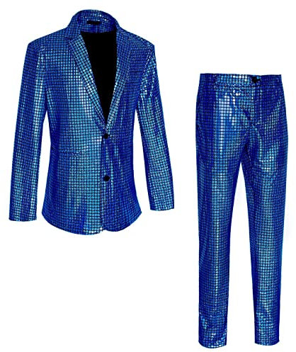 Caxndycing Herren 2-teilige Disco-Sets glänzende Jacke und Hose Metallic-Paillettenanzüge Disco Sets Metallic Pailletten Anzüge 70er Jahre Disco Kostüm inklusive glänzender Jacke und Hose