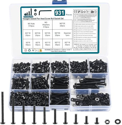 M3 Schrauben Set, 931 Stk Innensechskantschrauben und Muttern und Unterlegscheiben Sortiertes Set, Schwarze Gewindemaschine Linsenkopfschrauben Gewindeschrauben mit Muttern Unterlegscheiben Set
